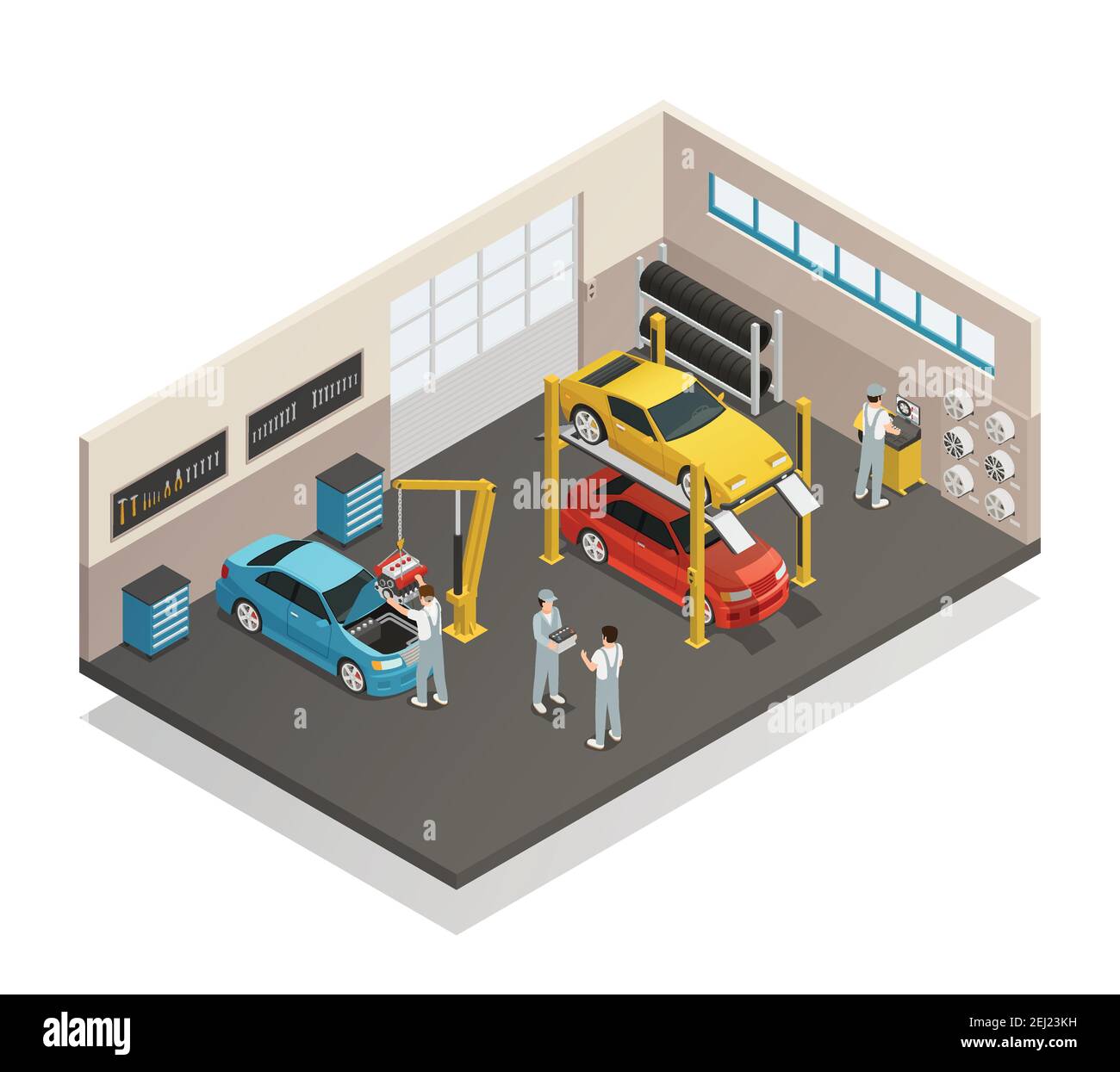 Auto-Reparatur Wartung Autoservice-Center Garage isometrische Ansicht Innenraum mit Mechanik Tests hob Fahrzeuge Vektor-Illustration Stock Vektor