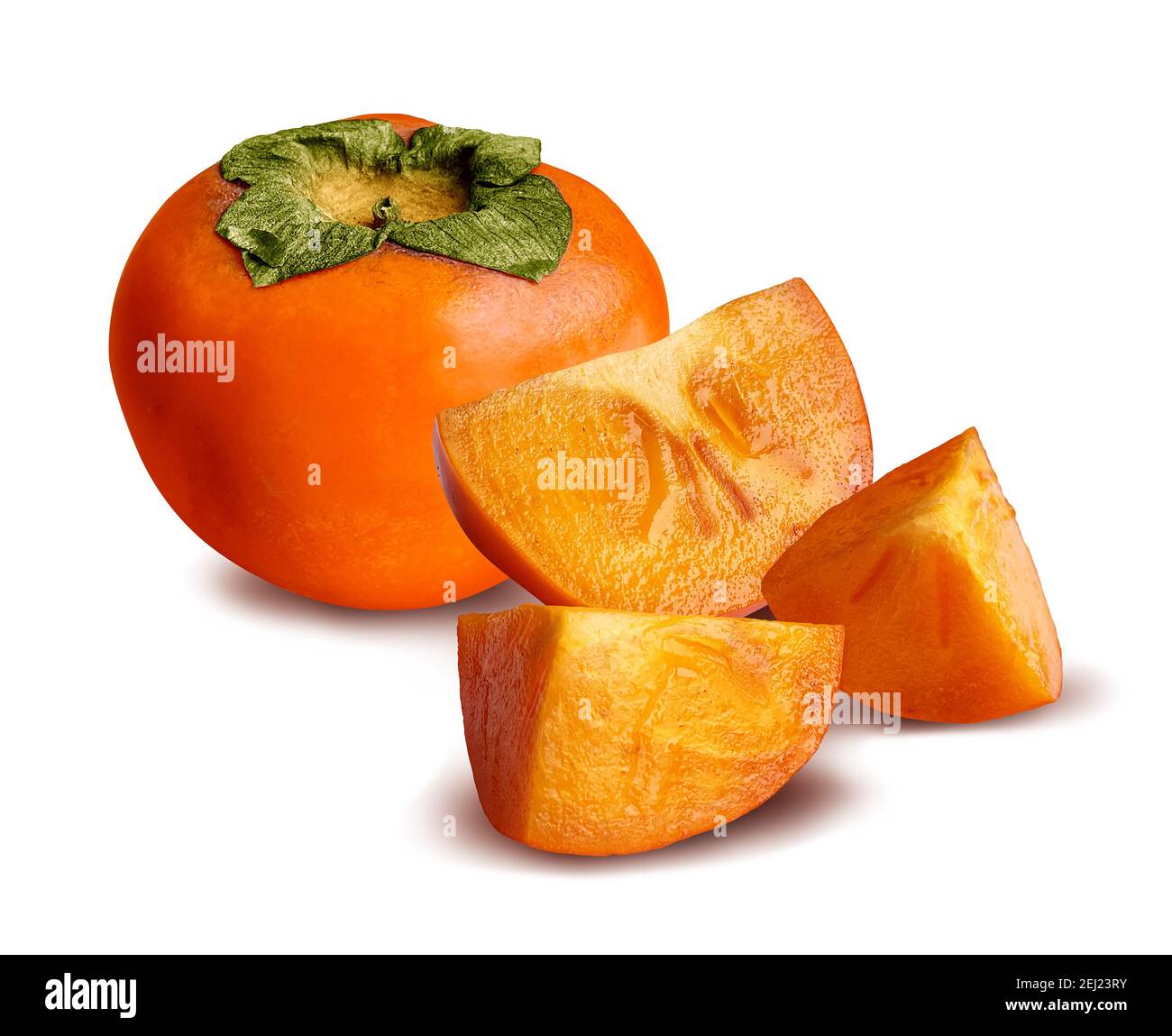 Persimmon frische reife Früchte in Stücke geschnitten auf weißem Hintergrund. Stockfoto
