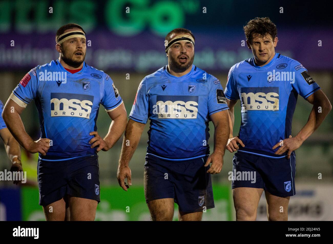 Galway, Irland. Februar 2021, 20th. Ellis Jenkins aus Cardiff, Liam Belcher aus Cardiff, Lloyd Williams aus Cardiff während des Guinness PRO14 Round 12-Spiels zwischen Connacht Rugby und Cardiff Blues auf dem Sportplatz in Galway, Irland am 20. Februar 2021 (Foto von Andrew SURMA/SIPA USA) Credit: SIPA USA/Alamy Live News Stockfoto