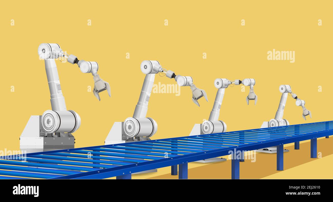 Automationsfabrik mit Roboter Montagelinie in Fabrik Vektor-Illustration Stock Vektor