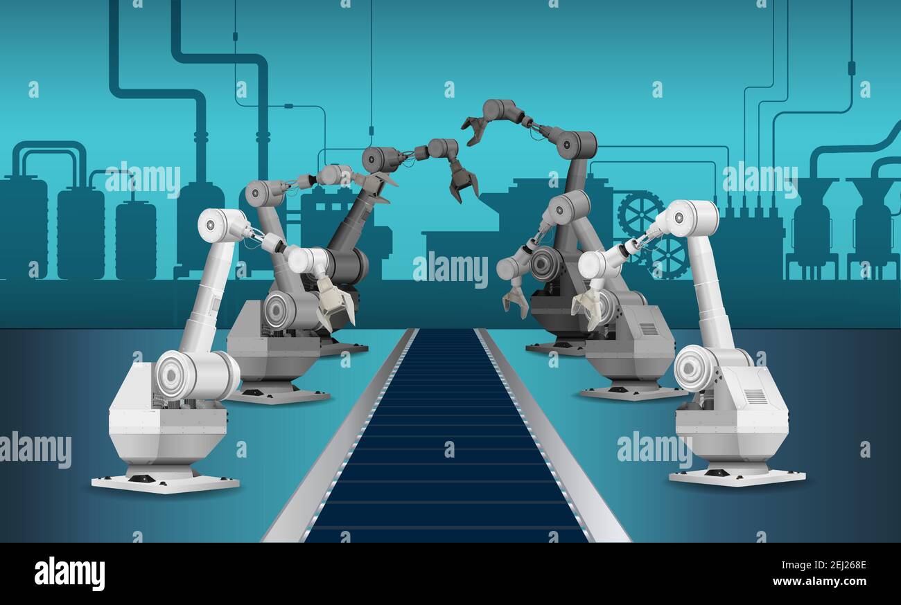 Automationsfabrik mit Roboter Montagelinie in Fabrik Vektor-Illustration Stock Vektor