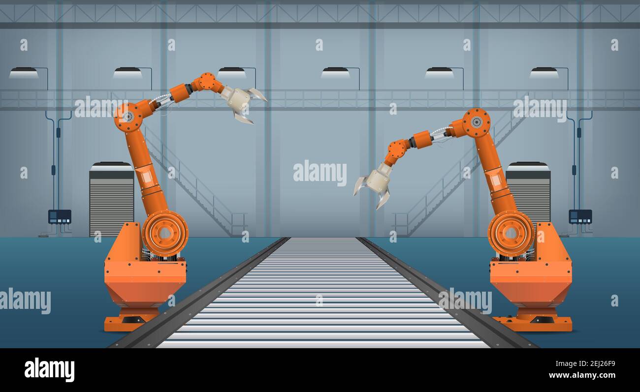 Automationsfabrik mit Roboter Montagelinie in Fabrik Vektor-Illustration Stock Vektor