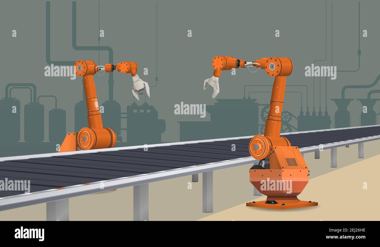 Automationsfabrik mit Roboter Montagelinie in Fabrik Vektor-Illustration Stock Vektor