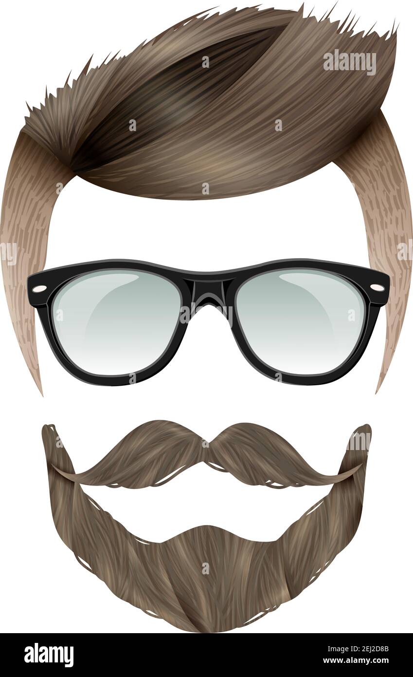 Realistische Hipster Brunet Mann mit trendigen Frisur Bart Schnurrbart und Brille auf weißem Hintergrund flache Vektor-Illustration Stock Vektor
