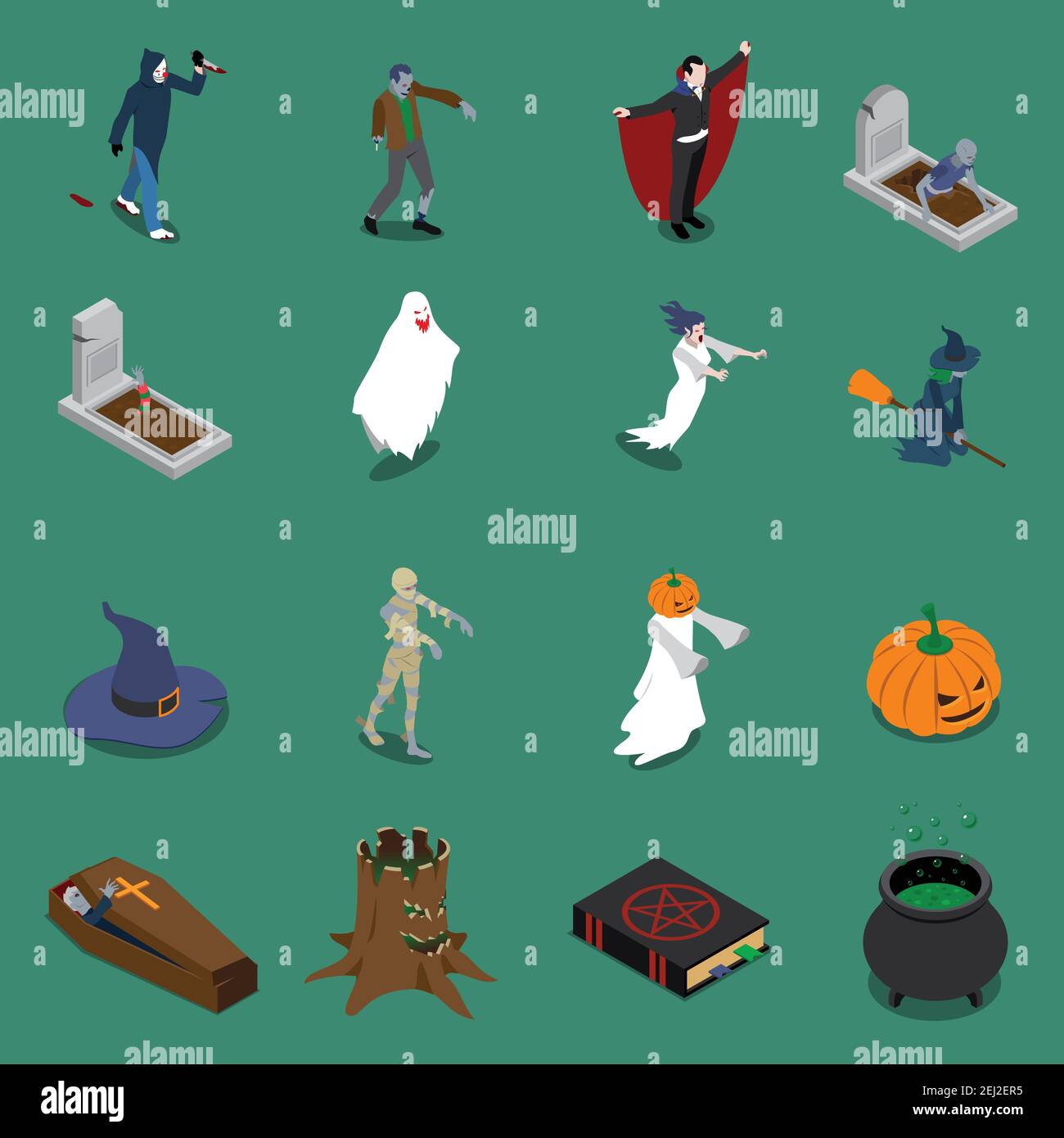 Monster halloween isometrische Icon Set mit Elementen und Attributen von Vektorgrafik am schrecklichsten Tag des ganzen Jahres Stock Vektor
