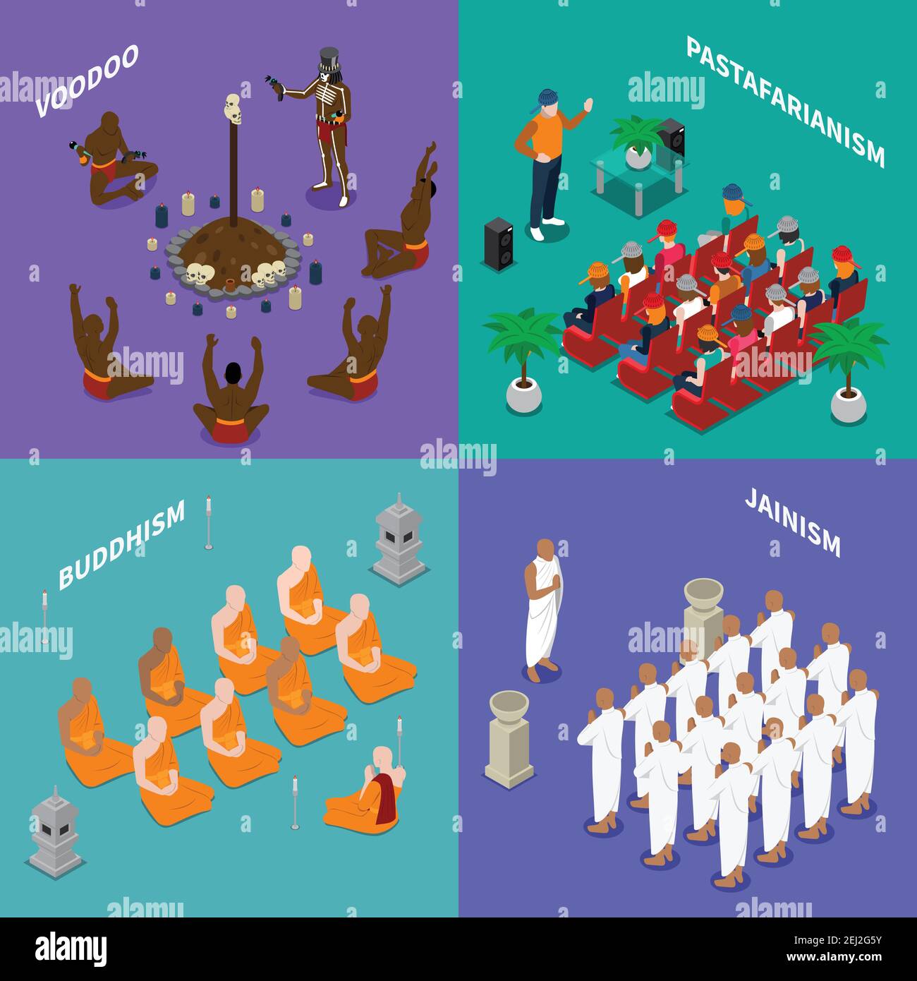 Isometrisches Konzept mit Menschen aus Religion buddhismus, jainismus, rastafarianism, Voodoo während Ritual oder Predigt isoliert Vektor Illustration Stock Vektor