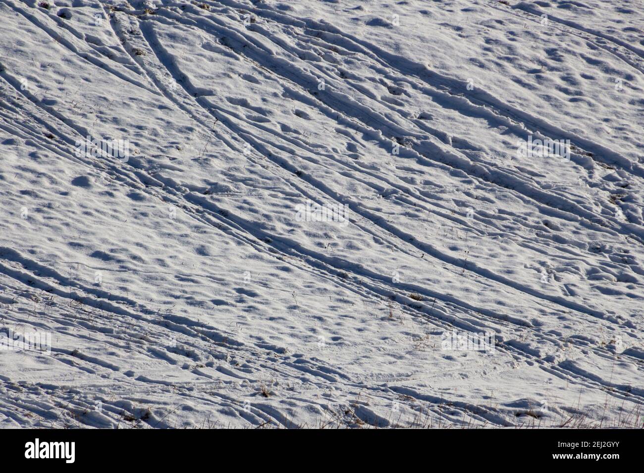 Viele Fußspuren, Ski- und Rodelbahnen auf einer Piste im Schnee Stockfoto