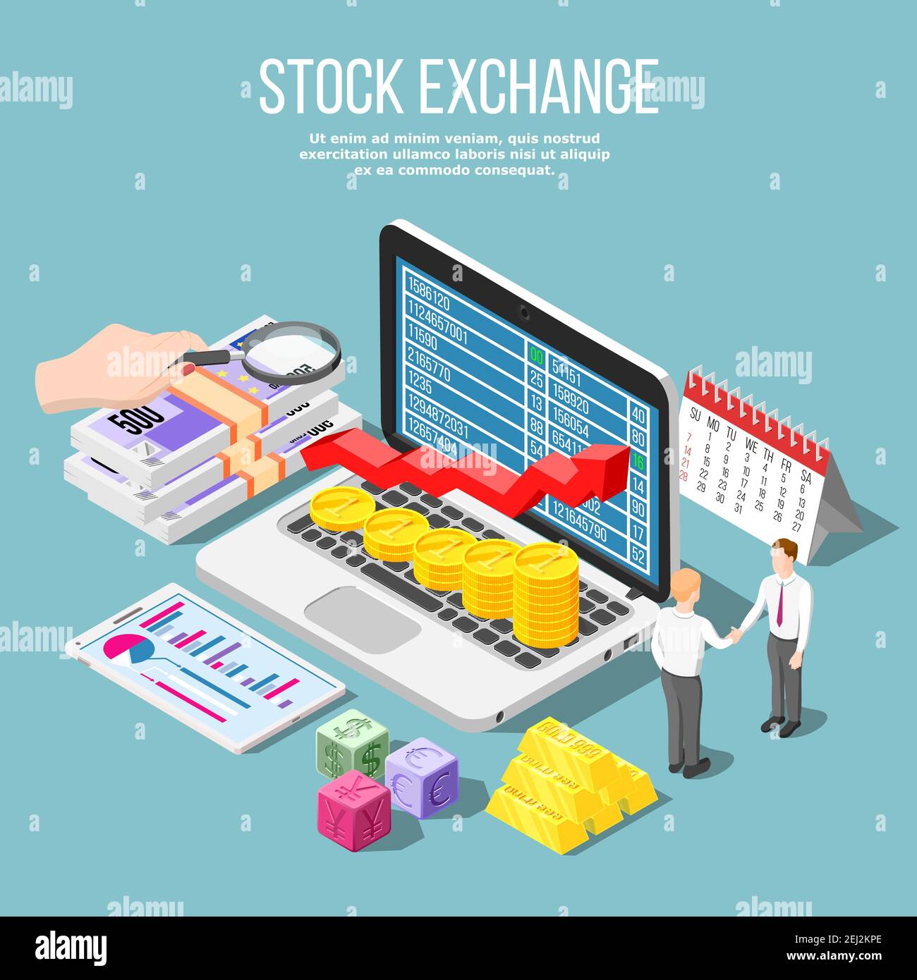 Börse isometrische Zusammensetzung mit Börsenkurs auf Laptop Anzeige Steuerplan Bündel von Banknoten Vektor-Illustration Stock Vektor