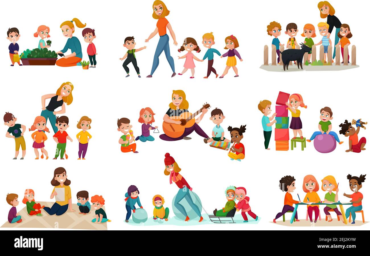 Kindergarten Symbole mit spielenden Kinder Symbole flach isoliert