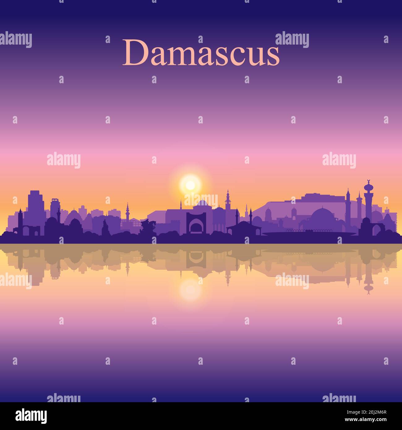 Damaskus Stadt Silhouette auf Sonnenuntergang Hintergrund Vektor Illustration Stock Vektor