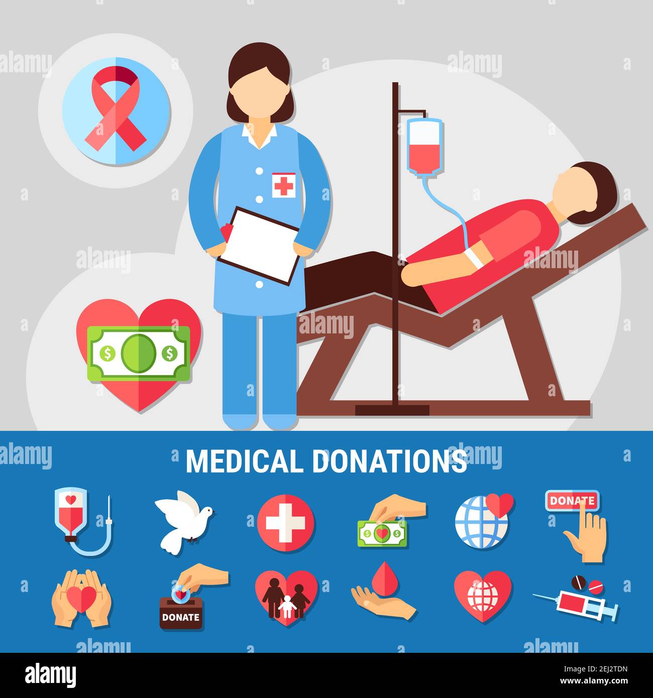 Charity Hintergrund mit einer Reihe von isolierten Emoji Stil Spende Symbole Und Bilder von Arzt und Patienten Vektorgrafik Stock Vektor