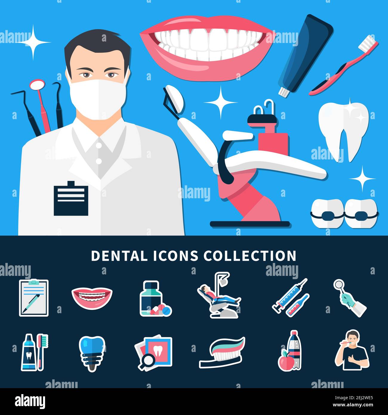 Dental Icons Sammlung von gesunden und schlechten Zähnen Bracket Medical Ausrüstung und weiße Lächeln flache Vektor-Illustration Stock Vektor