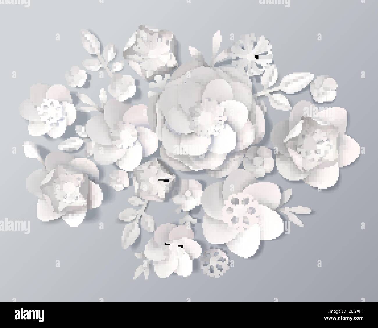 Set von realistischen weißen Papierblumen verschiedener Art mit Blätter auf grauem Hintergrund 3D Vektorgrafik Stock Vektor
