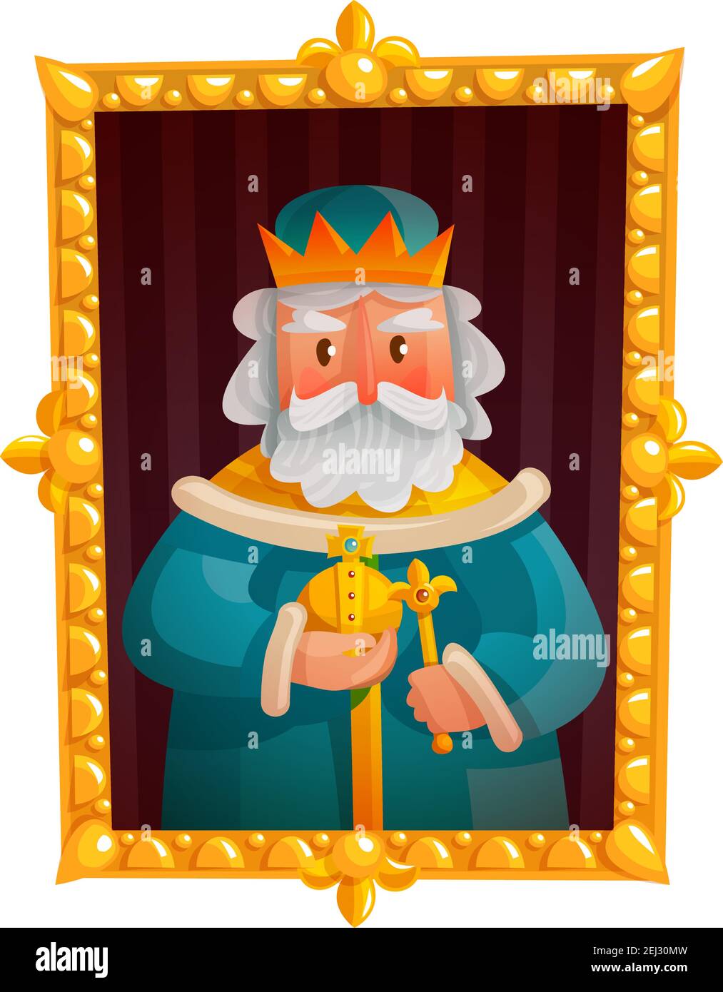 Cartoon-Porträt des Königs in Krone mit Kugel und Zepter In goldenem Rahmen isolierte Vektordarstellung Stock Vektor