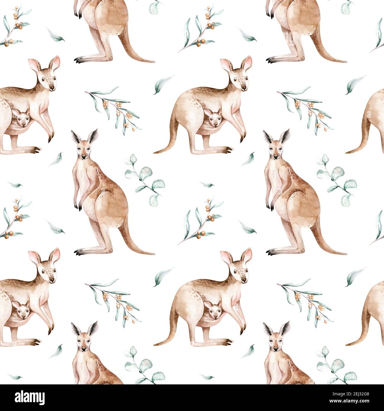 Aquarell australischen Cartoon Känguru nahtlose Muster. Australische Kängurus Set Kinder Illustration. Tapete für den Kindergarten Stockfoto
