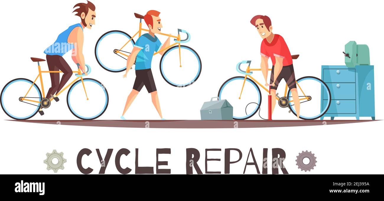 Fahrradreparaturwerkstatt mit Werkzeugausstattung und 2 Radfahrern Mit gebrochenen Fahrräder Karikatur Werbung Vektor Illustration Stock Vektor