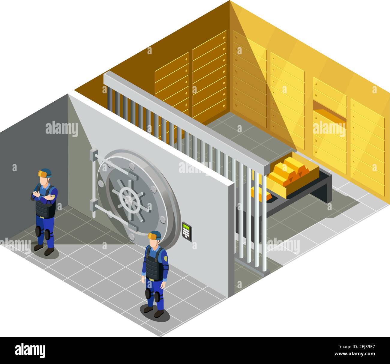 Federal Bank Gold Gewölbe Fach Sicherheitssystem von bewaffnet bewacht Polizei Offiziere isometrische Zusammensetzung Vektor Illustration Stock Vektor