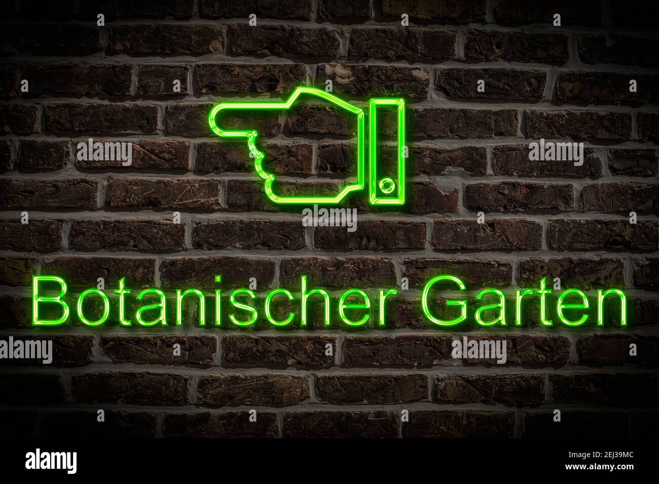 Detailfoto eines Neonschildes an einer Wand mit Die Inschrift Botanischer Garten Stockfoto