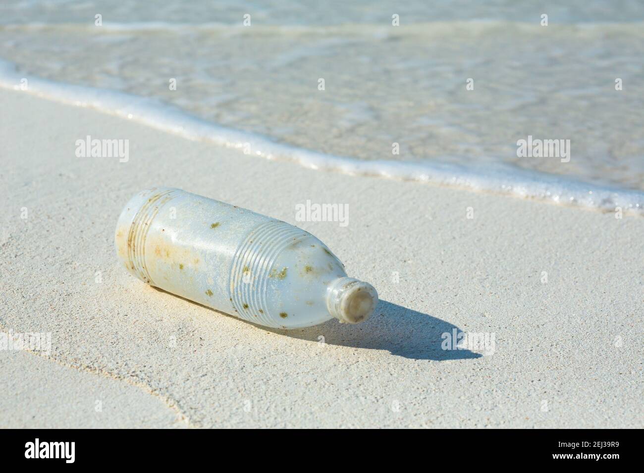 Eine Plastikwasserflasche an Land gewaschen Stockfoto