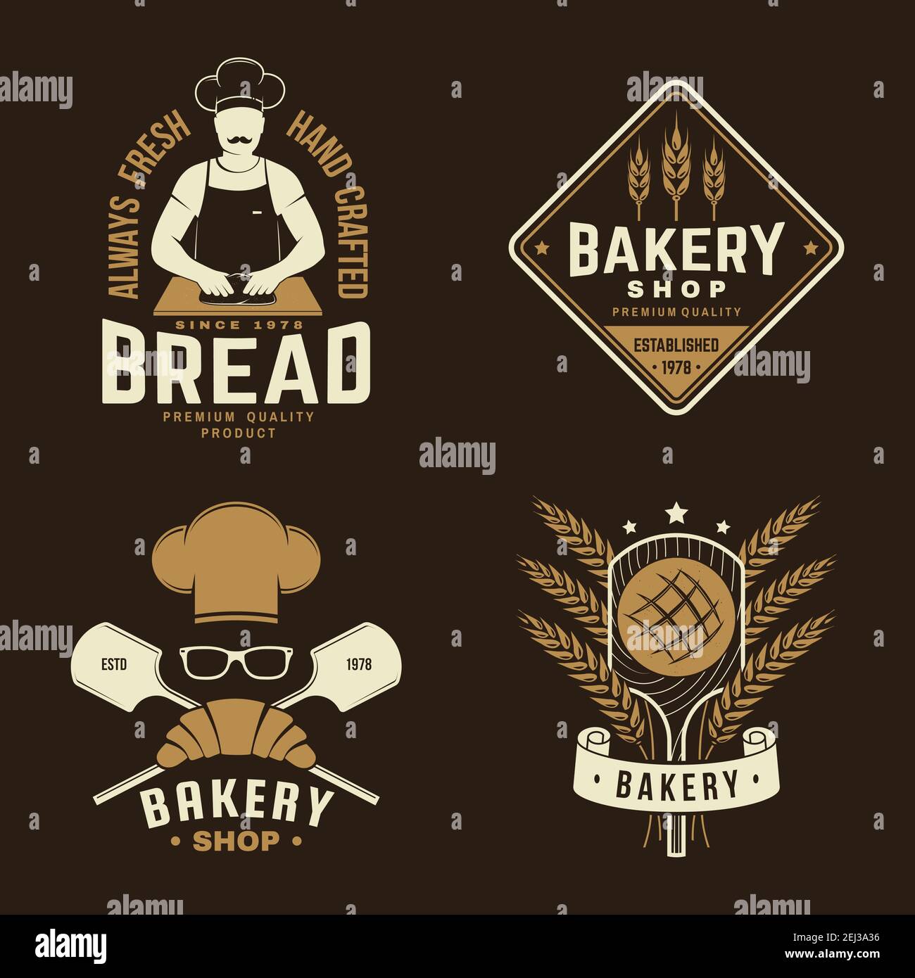 Set von Bäckerei Abzeichen, Logo. Vektor-Konzept für Abzeichen, Shirt, Label, Print, Stempel oder T-Shirt. Typografie-Design mit Mann macht Teig Silhouette. Vorlage für Restaurantobjekte, Verpackung und Menü Stock Vektor