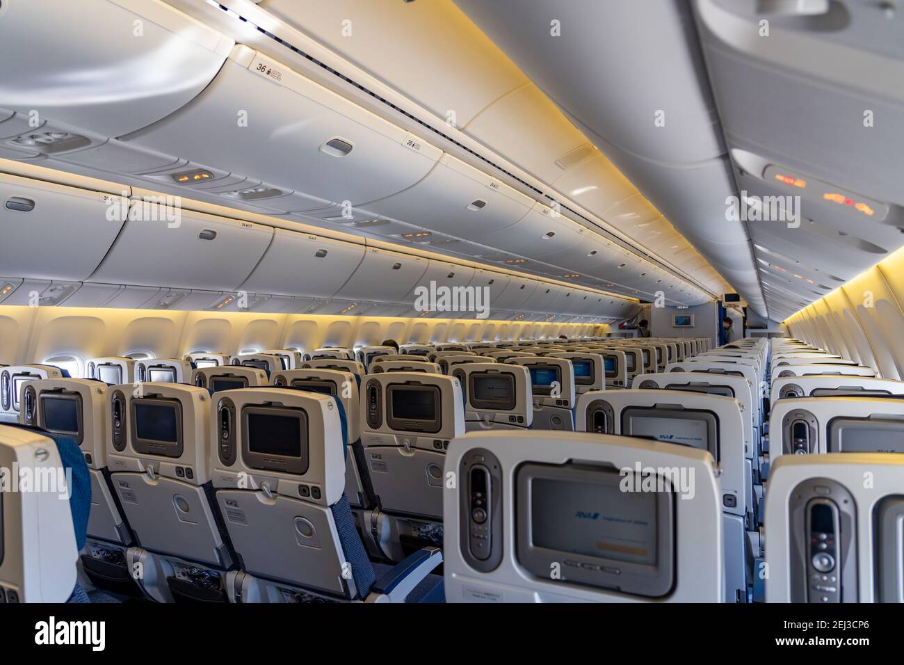 Boeing 767-300 Flugkabinen Economy Class Sitze mit Touchscreen. Von All Nippon Airways ( ANA ). Stockfoto