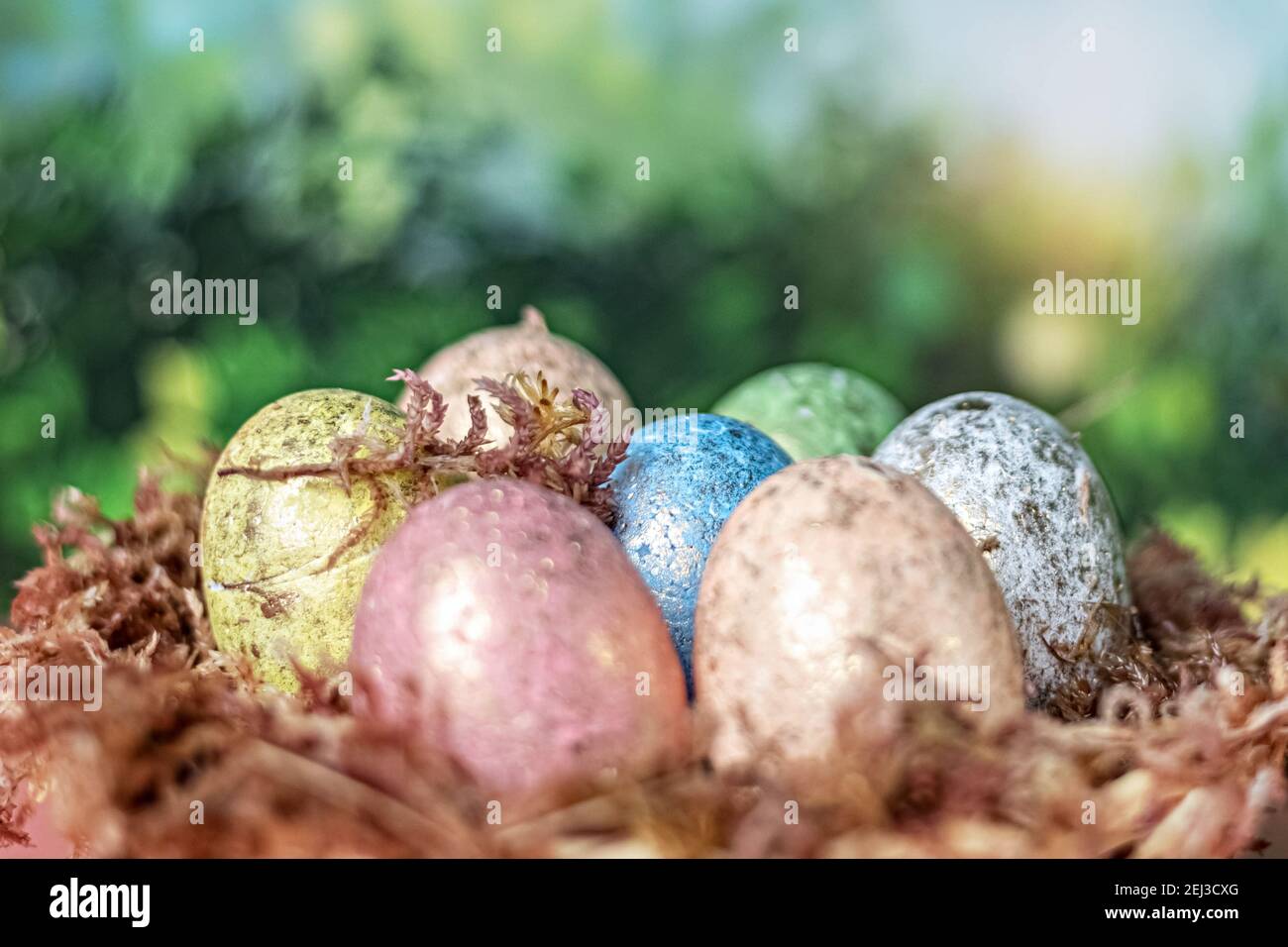 Auf einem verschwommenen grünen Hintergrund, ein natürliches Nest mit Moos und bemalten Ostereiern. Selektiver Fokus. Stockfoto