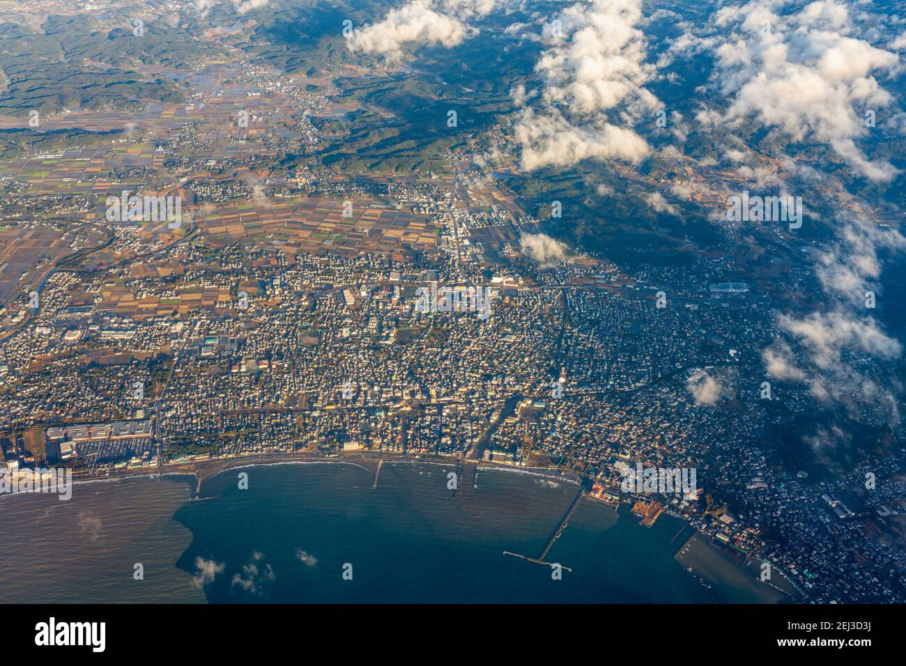 Luftaufnahme von Tateyama Stadt, Minamiboso Stadt, Süd Boso Halbinsel, Chiba Präfektur, Japan. Stockfoto