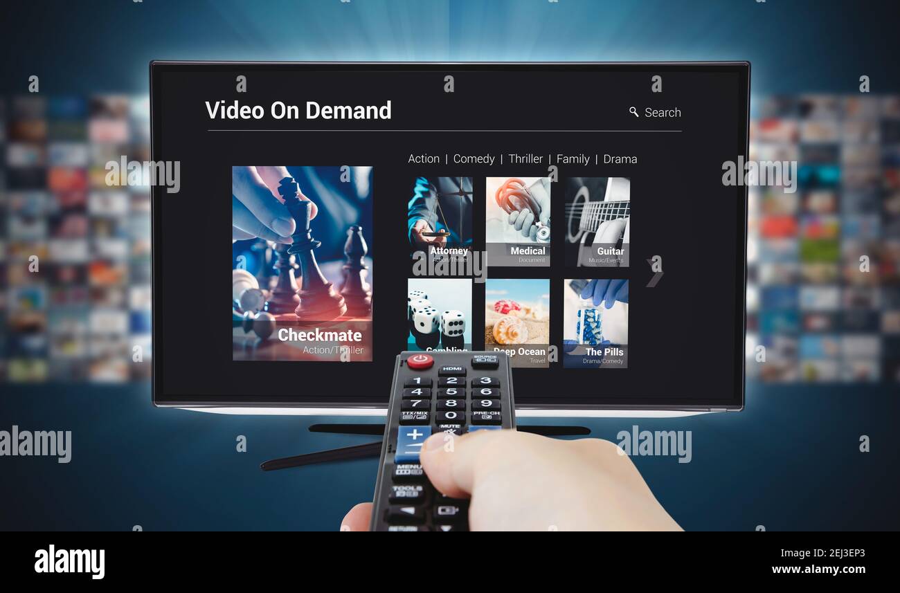 VOD - Video-on-Demand-Service. TV-Streaming, TV-Übertragung. Stockfoto