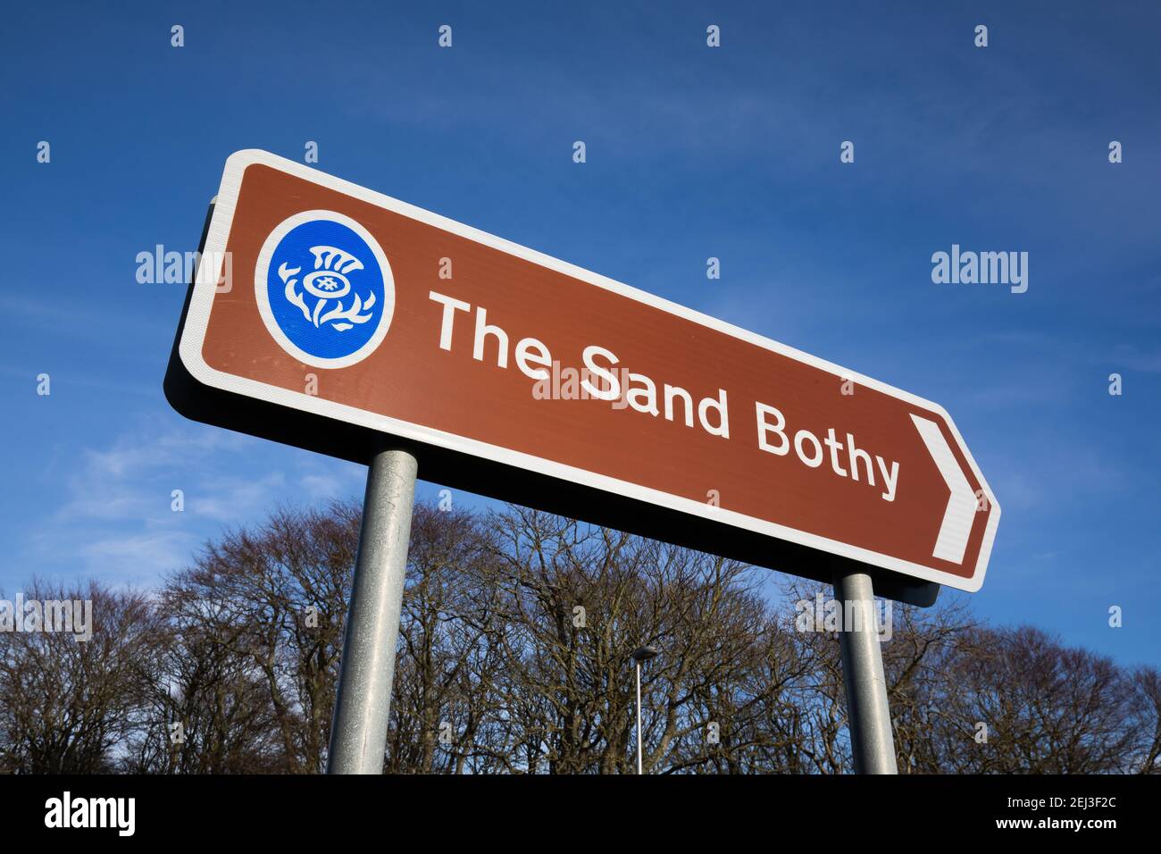 Ein Schild für den Sand Bothy im Balmedie Country Park, Aberdeenshire, Schottland Stockfoto