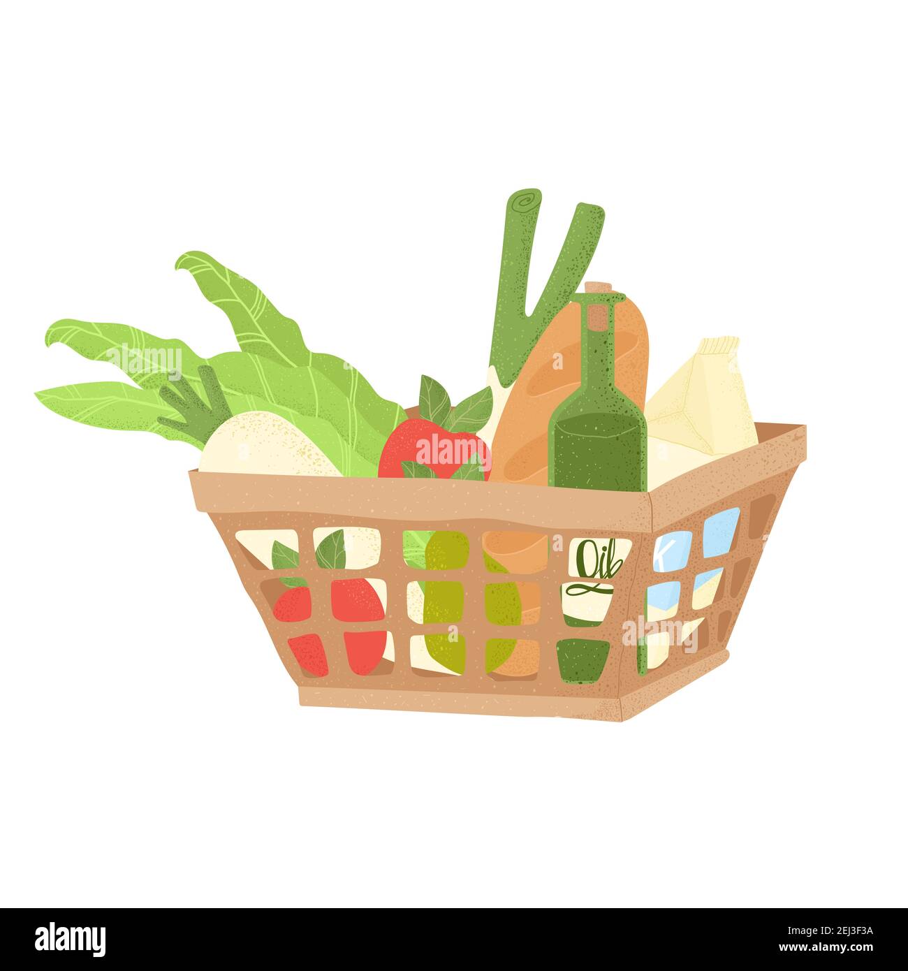 Supermarkt-Warenkorb voller Lebensmittel-Produkte. Lebensmittelgeschäft. Supermarkt Warenkorb in Cartoons Stil Vektor. Umweltfreundlich. Gehen Sie grün Stock Vektor