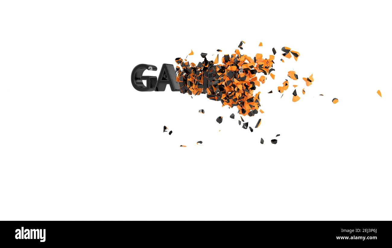 Text Spiel über Explosion 3D Rendern Stockfoto