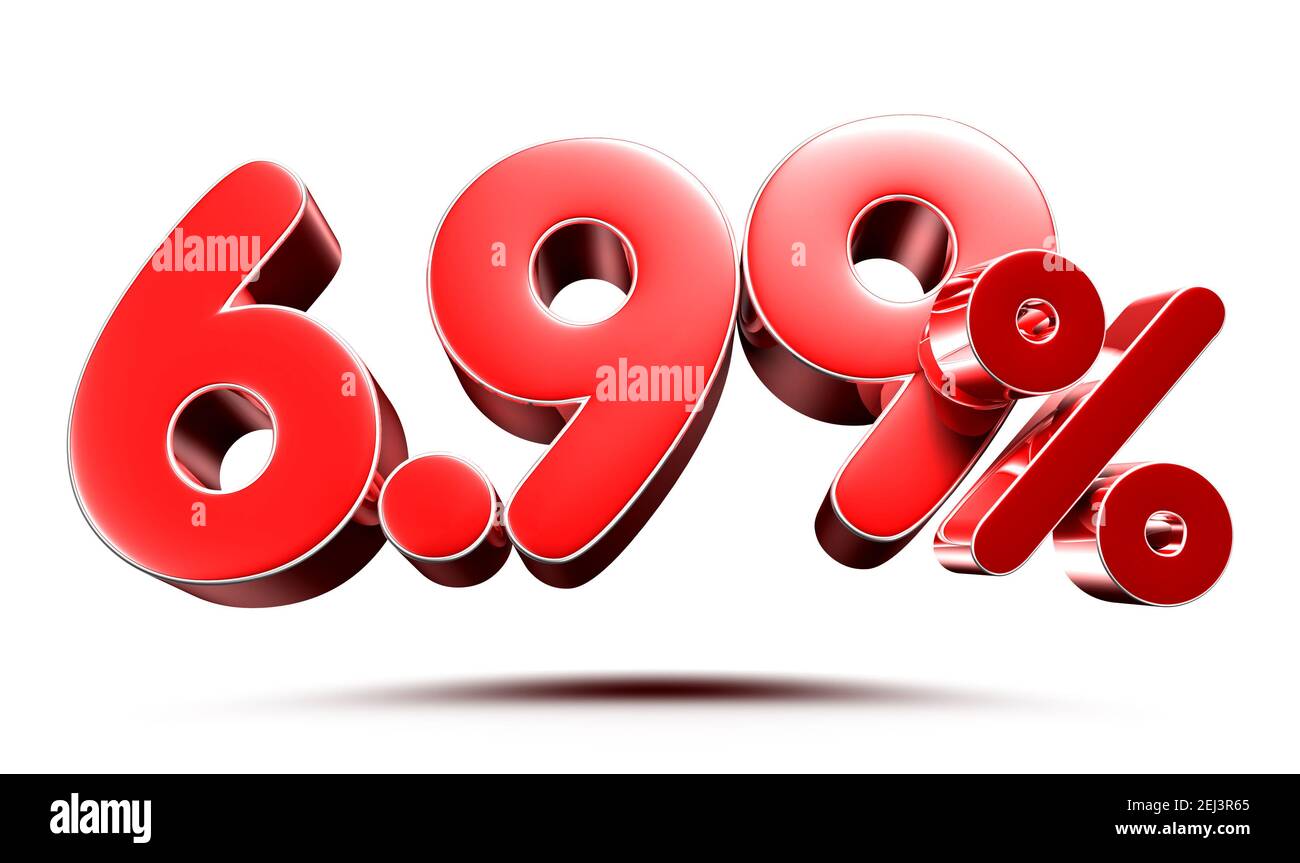 6,99 Prozent rot auf weißem Hintergrund Abbildung 3D Rendering mit Beschneidungspfad. Stockfoto