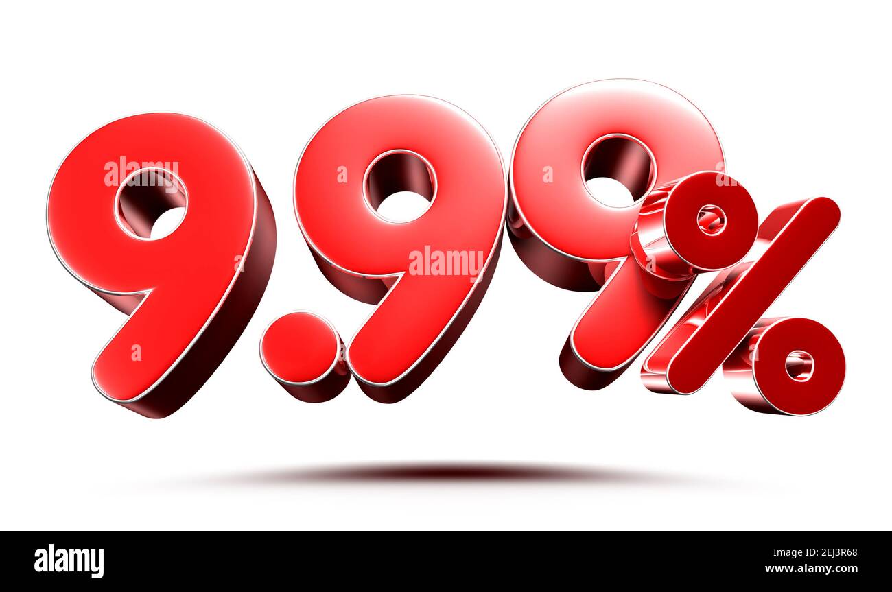 9,99 Prozent rot auf weißem Hintergrund Abbildung 3D Rendering mit Beschneidungspfad. Stockfoto