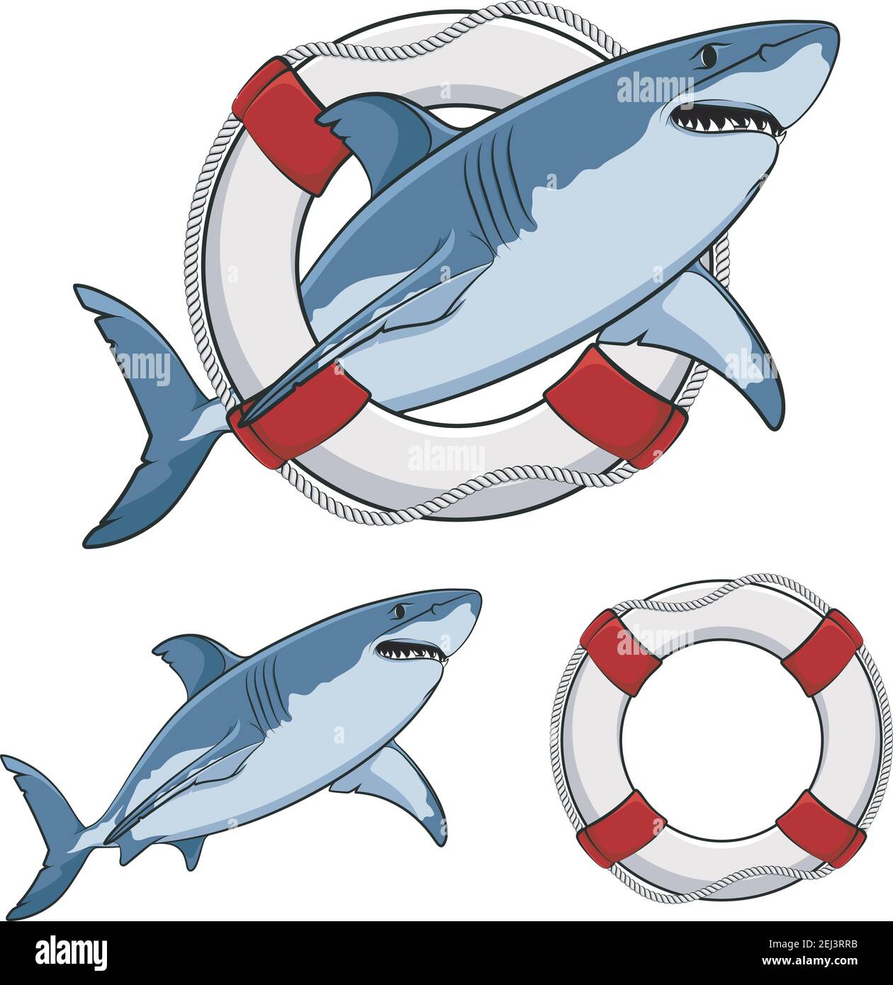 Farbbild weißer Hai und eine Rettungsboje. Vektor isolierte Objekte auf weiß. Stock Vektor
