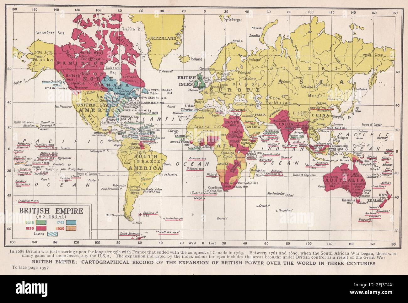 Vintage-Karte des Britischen Reiches (Historisch) - kartographische Aufzeichnung der Expansion der britischen Macht über die Welt in drei Jahrhunderten. Stockfoto