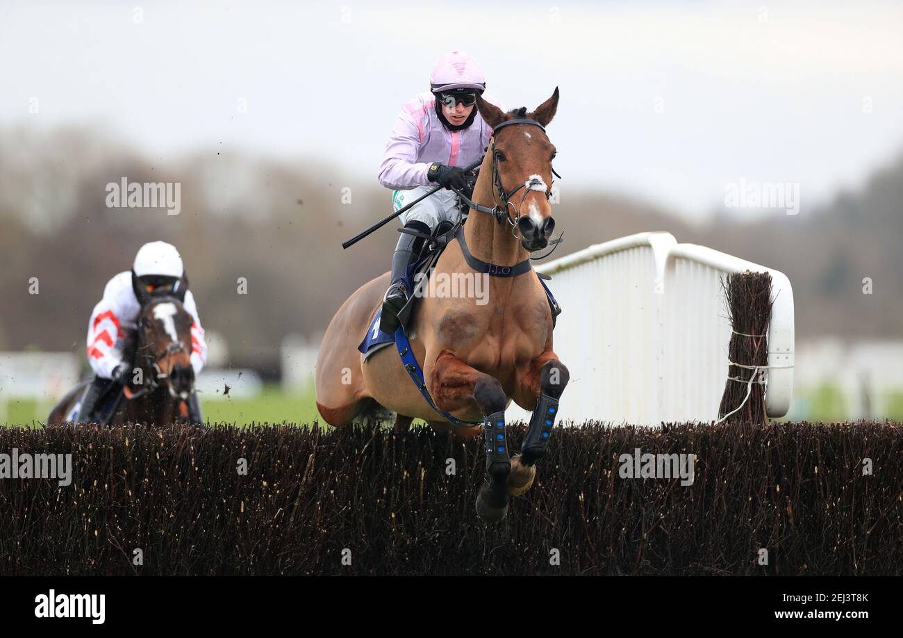 Knight Destroyer unter William Marshall in Aktion im Call Star Sports auf 08000 521 321 Handicap Chase für Anfänger auf der Rennbahn Uttoxeter. Bilddatum: Sonntag, 21. Februar 2021. Stockfoto