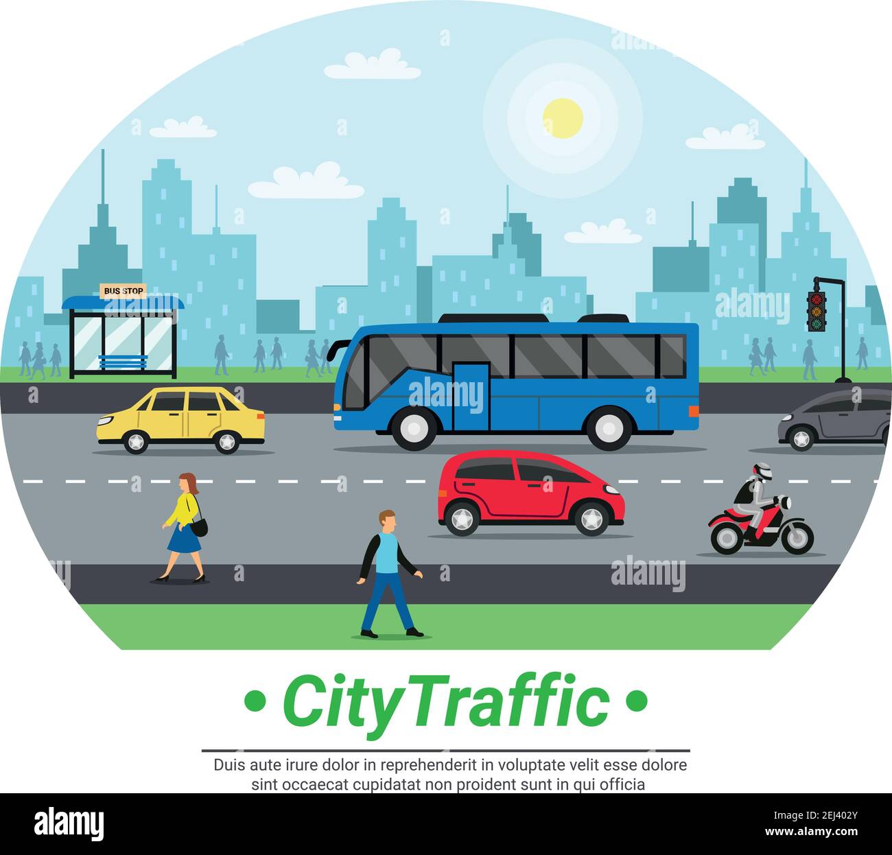 Stadt Straße Verkehr flachen Kreis Symbol mit Auto Motorrad-Bus Stop Fußgänger und Stadtbild Hintergrund Vektor Illustration Stock Vektor