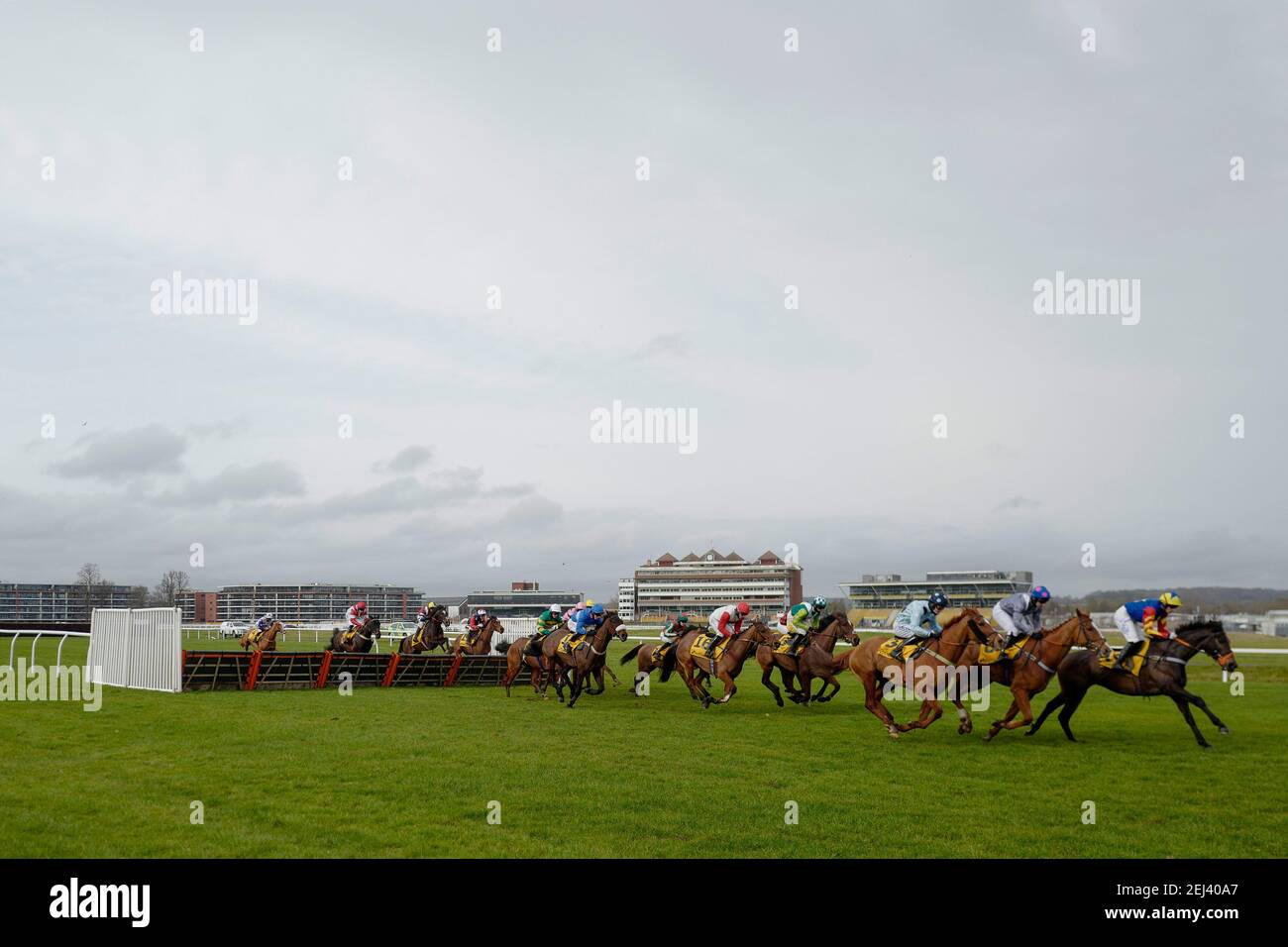 Eine allgemeine Ansicht, wie Läufer einen Flug von Hürden in den Rücken gerade während der Betfair wog-in Podcast Weekly Handicap Hürde auf Newbury Rennbahn. Bilddatum: Sonntag, 21. Februar 2021. Stockfoto