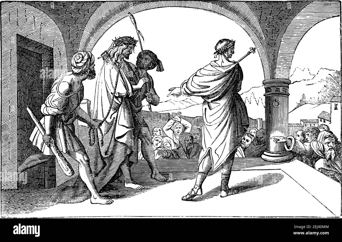 Jesus gekrönt mit Dornen präsentiert von Pontius Pilatus feindliche Menge. Vintage antike Zeichnung. Bibel, Neues Testament. Stock Vektor