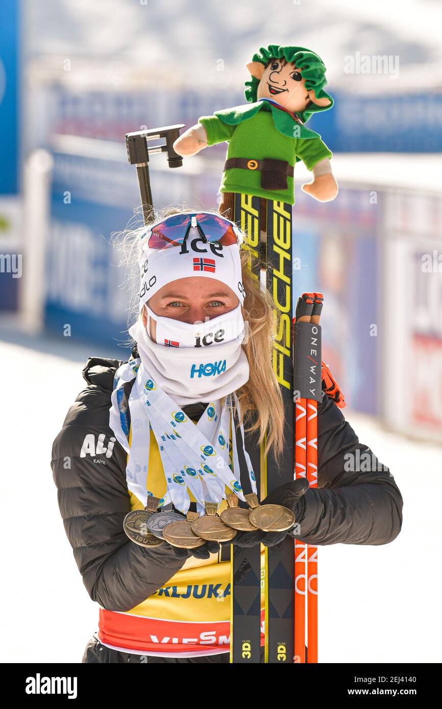 Pokljuka, Slowenien. Februar 2021, 21st. Pokljuka, Slowenien, Biathlon-Strecke, 21. Februar 2021, ECKHOFF Tiril NOR während 2021 IBU Weltmeisterschaften Biathlon - Frauen 12,5km Massenstart - Biathlon Credit: Marco Todaro/LPS/ZUMA Wire/Alamy Live News Stockfoto