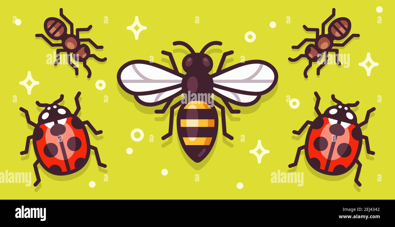 Cartoon Insekten Illustration auf einem hellen Banner. Biene, Ameisen und Marienkäfer. Einfaches Vektor-Clip-Art-Set. Stock Vektor