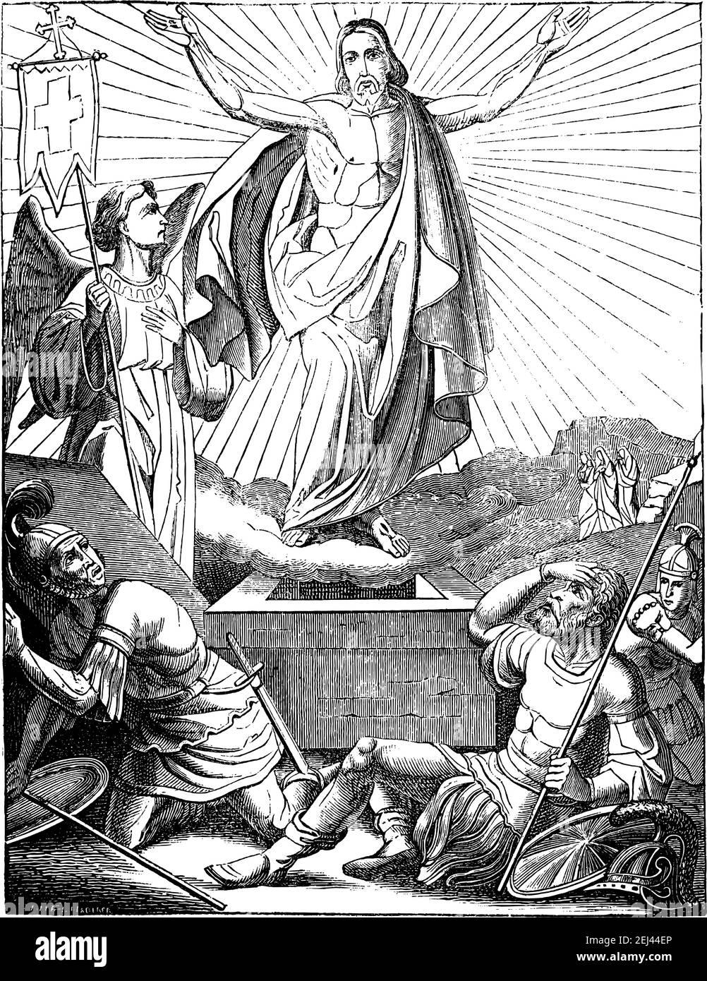 Auferstehung von Jesus Christus, Engel und Soldaten in der Nähe des Grabes.Vintage antike Zeichnung. Bibel, Neues Testament. Stock Vektor