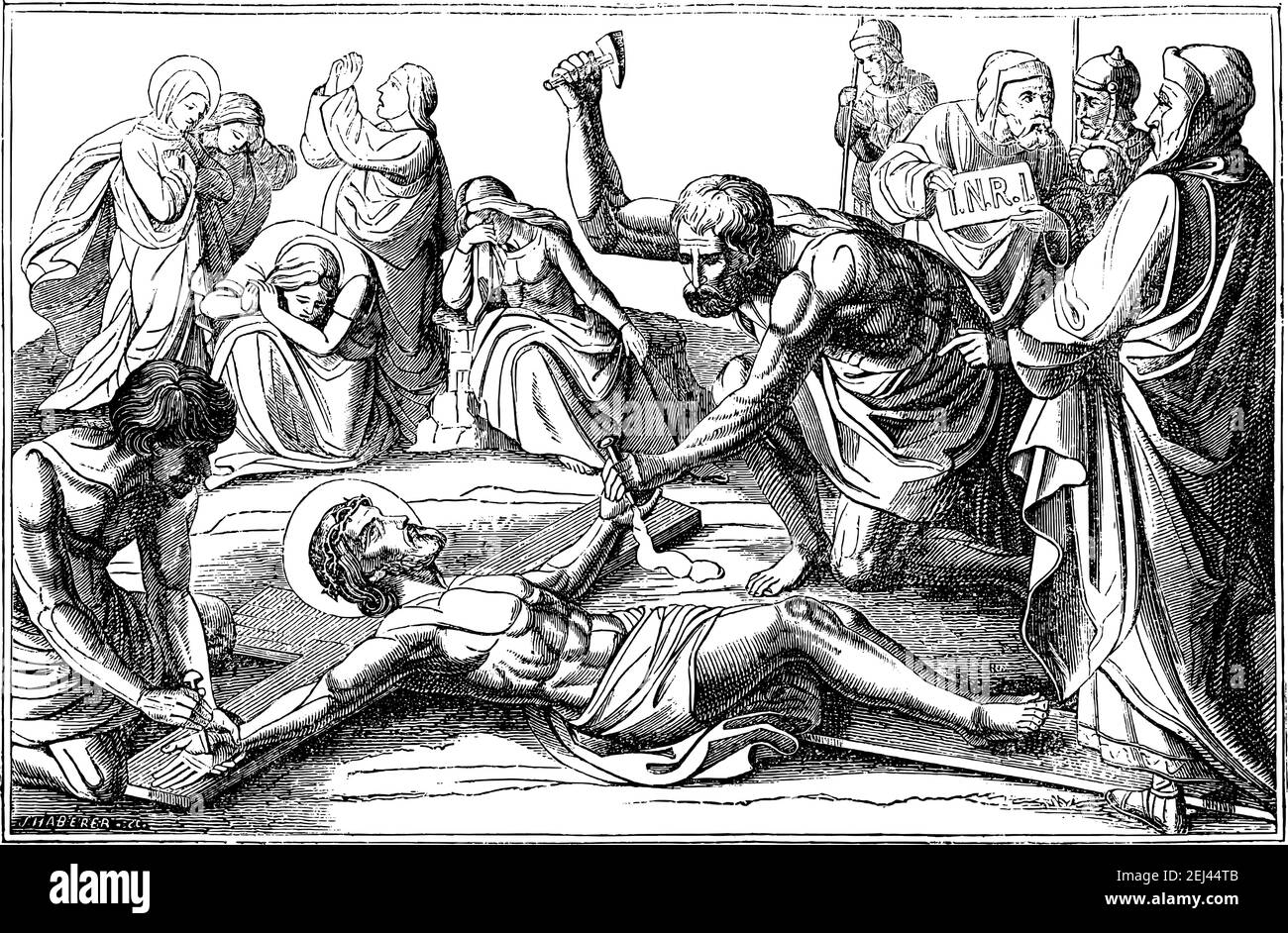 Jesus wird ans Kreuz genagelt. Kreuzigung. 11th oder elfte Station des Kreuzes oder Weg des Kreuzes oder über crucis.Vintage antike Zeichnung. Bibel, Neues Testament. Stock Vektor