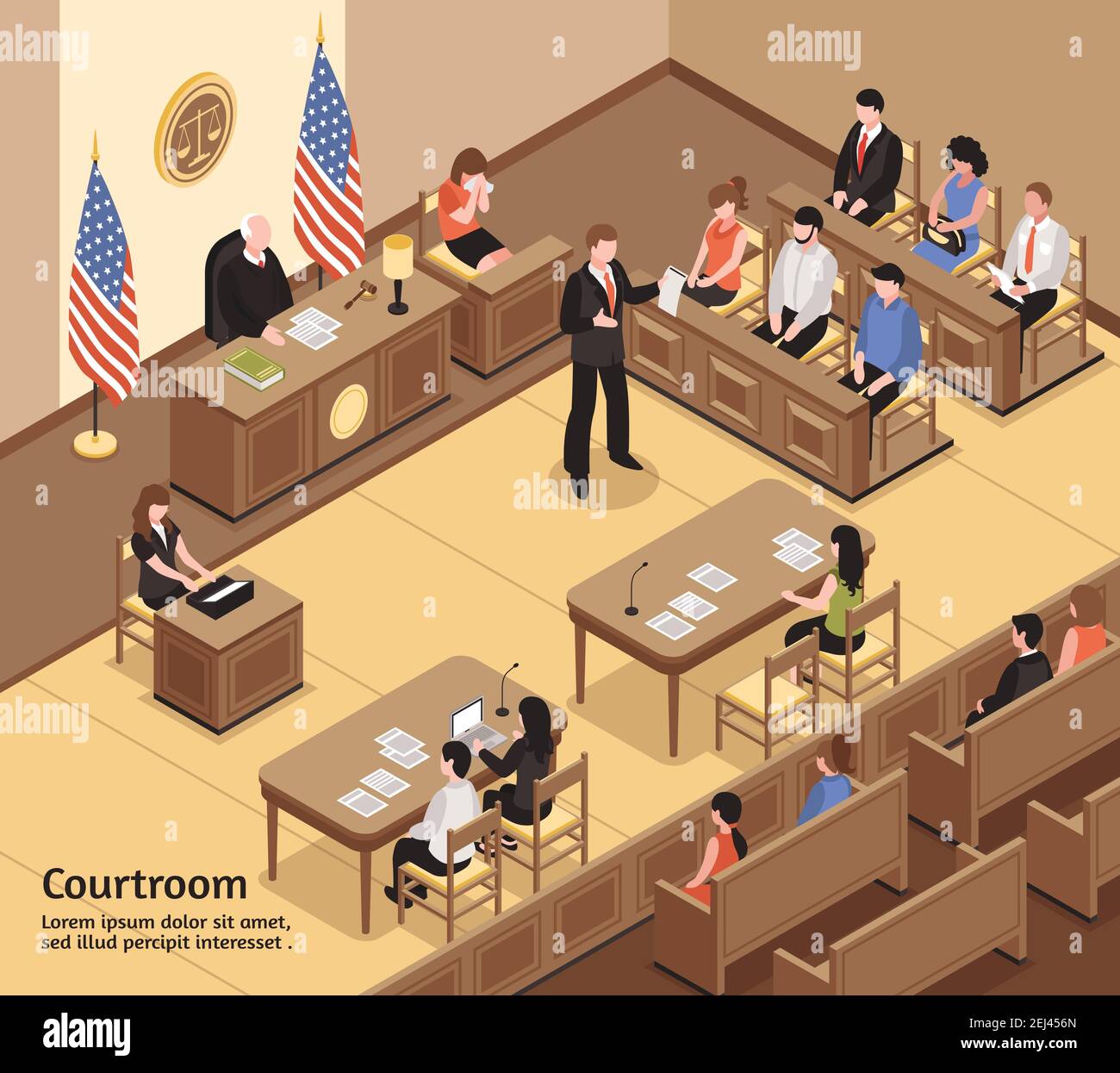 Judikative isometrische Vektor Illustration mit Jury Angeklagte Anwalt Schreiber Zuschauer Figuren im Gerichtssaal Stock Vektor