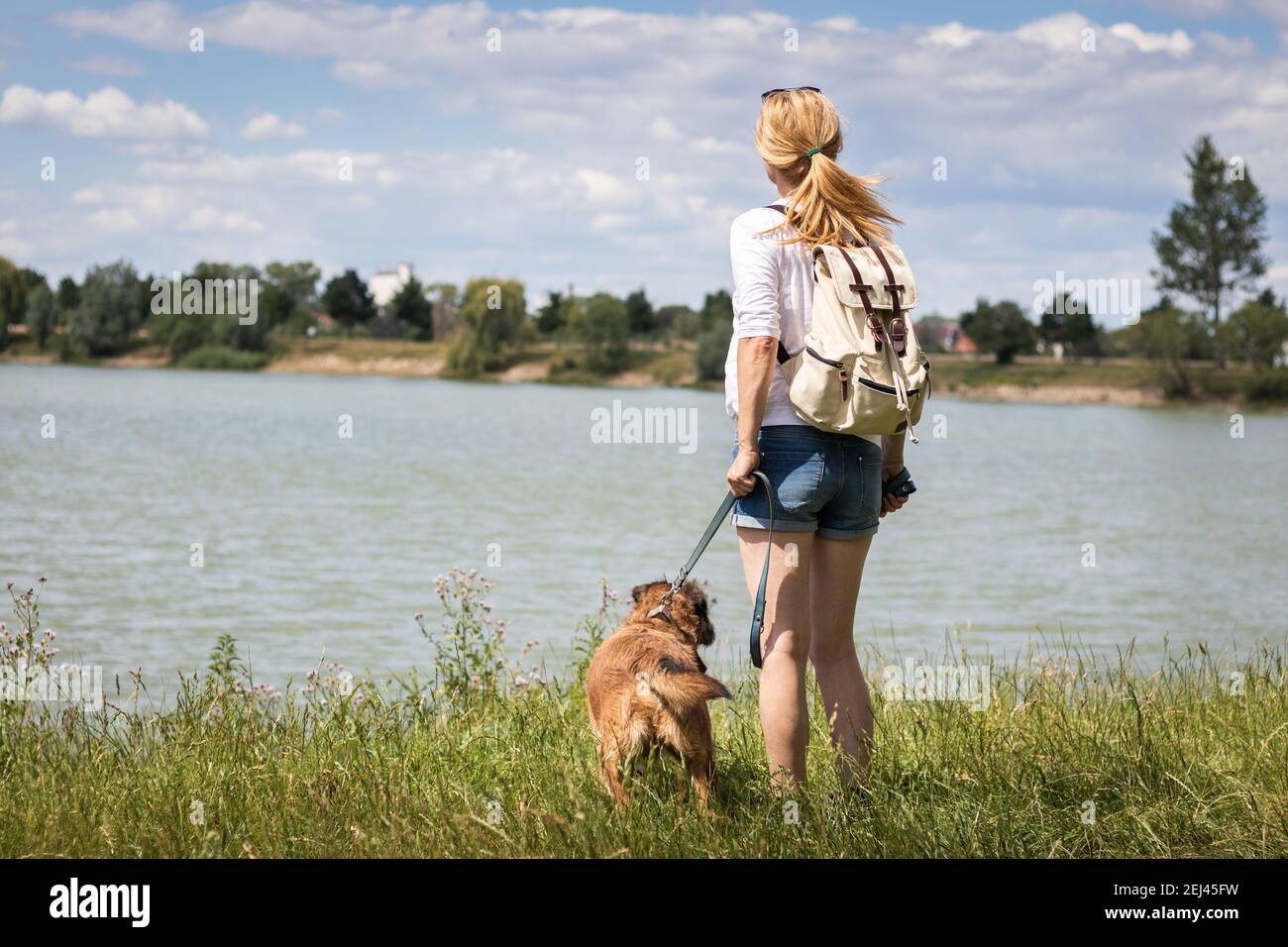 Haustierbesitzerin mit ihrem Hund, der im Sommer den Blick auf den See genießt. Frau und Mischlingshund auf dem Spaziergang. Stockfoto