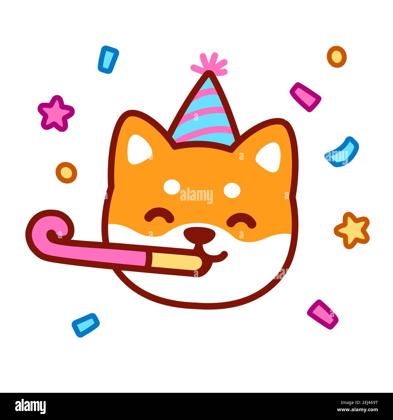 Niedliche Cartoon Hund Charakter mit Party Hut weht Party Horn. Neujahrsfeier, Happy Birthday, Glückwünsche Grußkarte. Kawaii Shiba Inu pu Stock Vektor