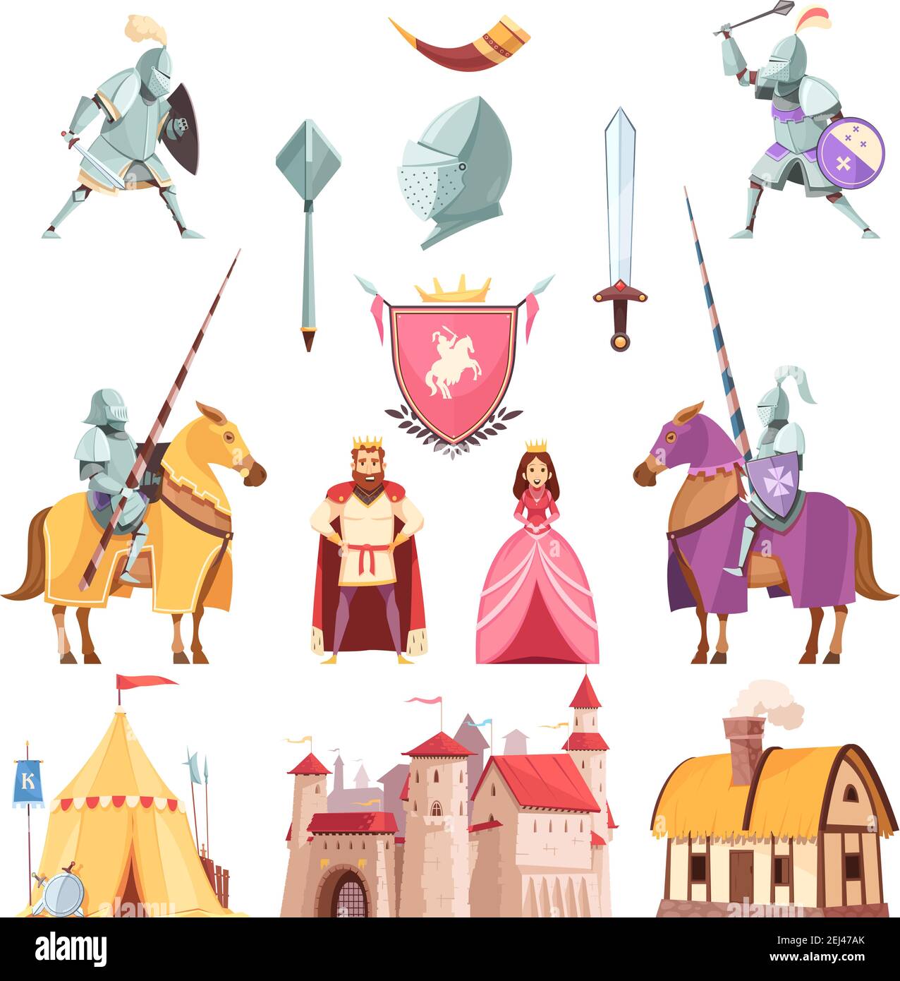Mittelalterliche königliche heraldry Cartoon-Ikonen mit Burg Reiter in gesetzt Rüstung Turnier König Ritter Prinzessin isoliert Vektor-Illustration Stock Vektor