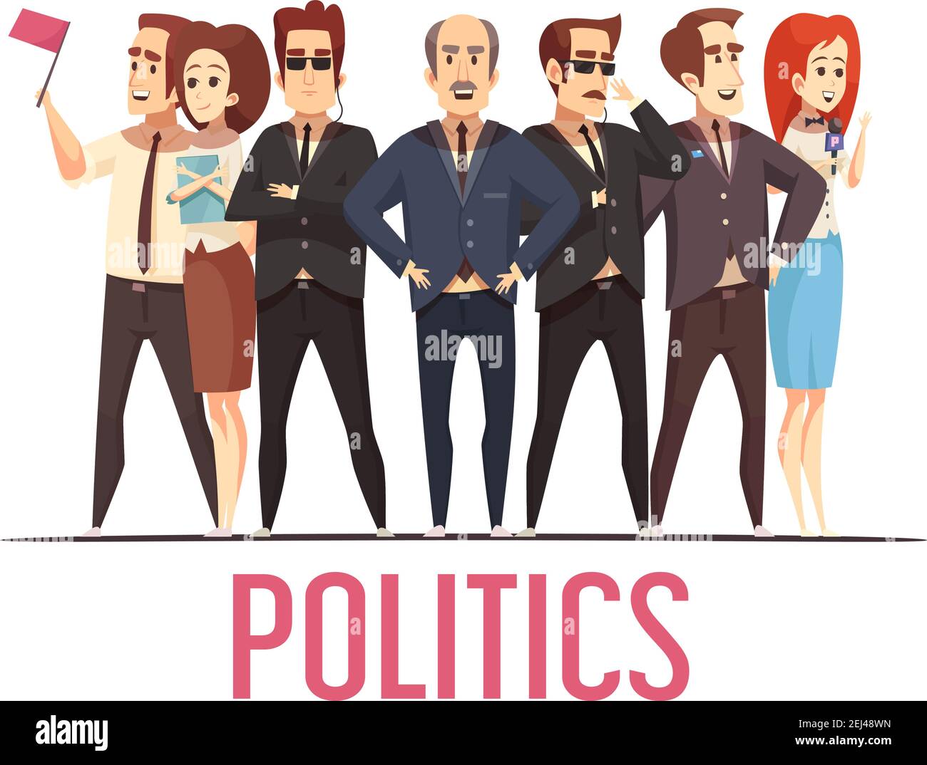 Politische Wahlkampagne führende Kandidaten öffentlichen Auftritt mit Bodyguards und Ehepartner Cartoon Figuren Komposition Poster Vektor Illustration Stock Vektor