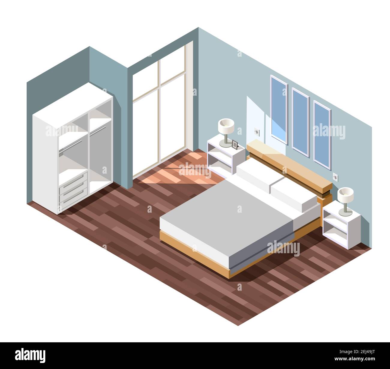 Schlafzimmer mit grauen Wänden, Nachttische mit Lampen in der Nähe des Bettes, weißer Kleiderschrank isometrische Zusammensetzung Vektor-Illustration Stock Vektor