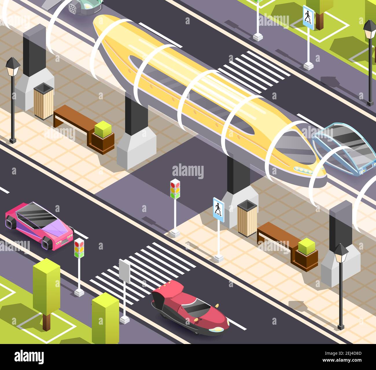 Futuristische Stadt Konstruktor isometrischen Hintergrund mit Straße Bürgersteig Autos und Abbildung des Hochgeschwindigkeits-Tram-Vektorgrafikes Stock Vektor